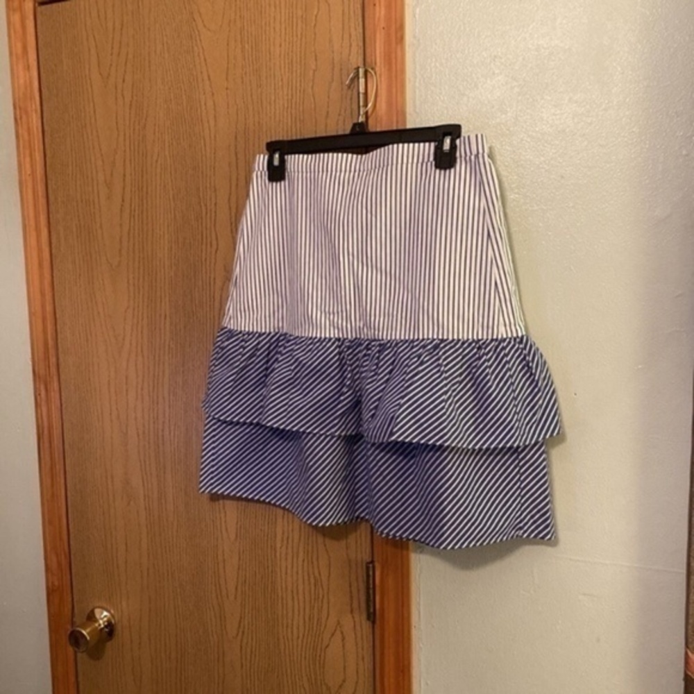 J. Crew Factory Size 6 Blue & White w/Stripes Knee-Length Pull-On Ruffle Skirt